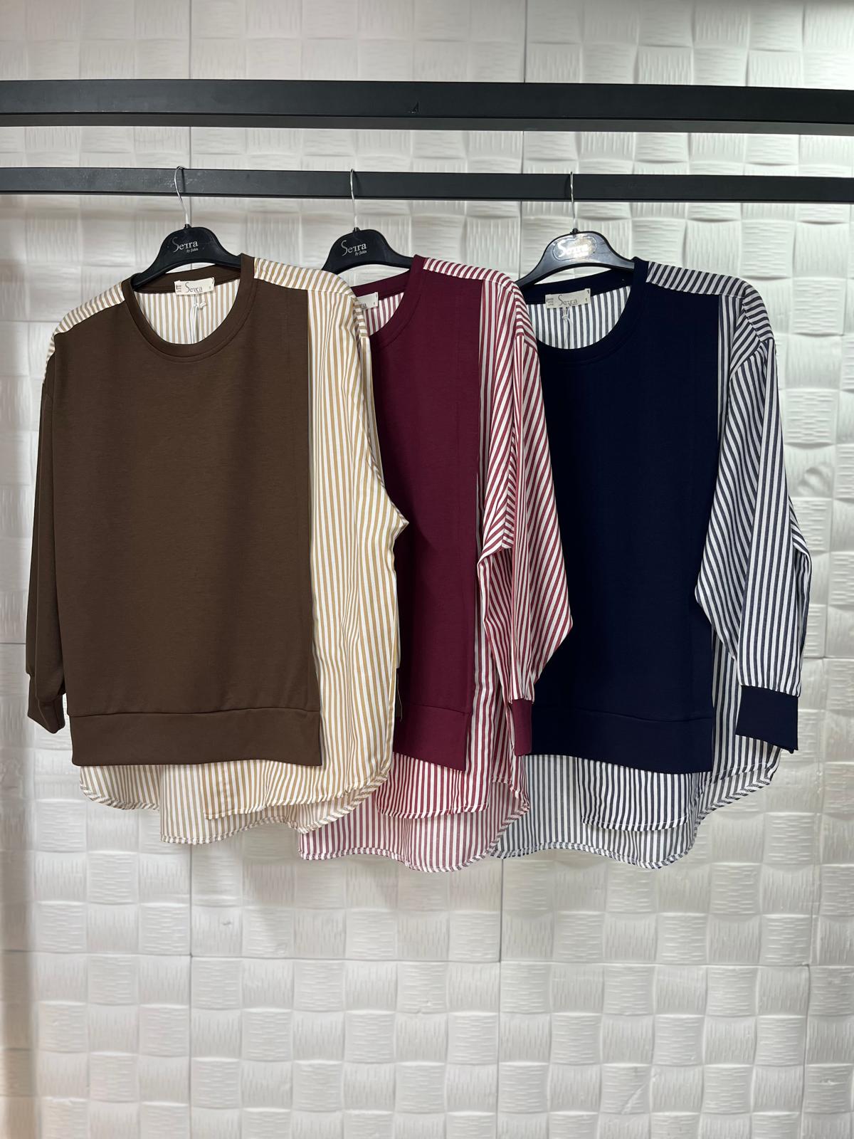 Çizgili Gömlek Detaylı Bordo Sweatshirt