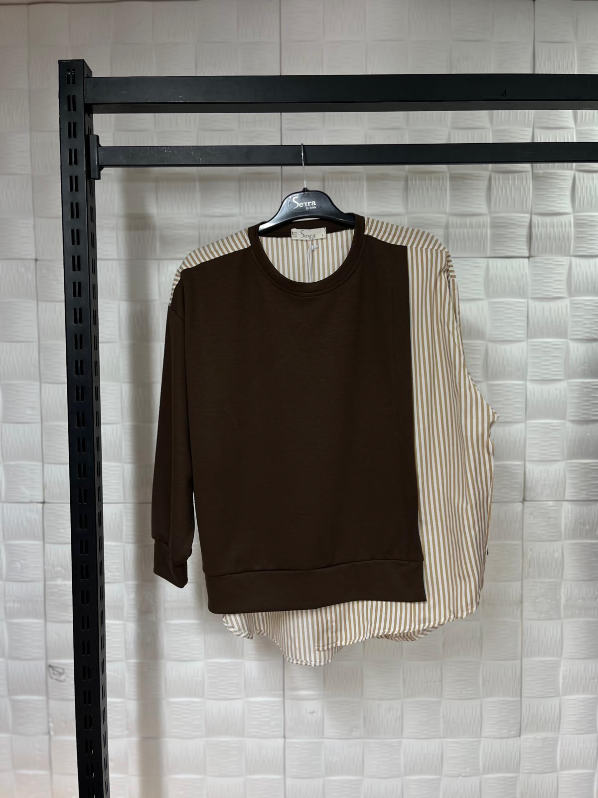 Çizgili Gömlek Detaylı Kahverengi Sweatshirt