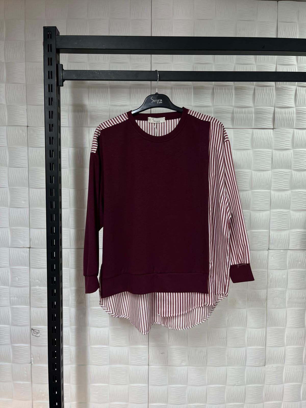 Çizgili Gömlek Detaylı Bordo Sweatshirt