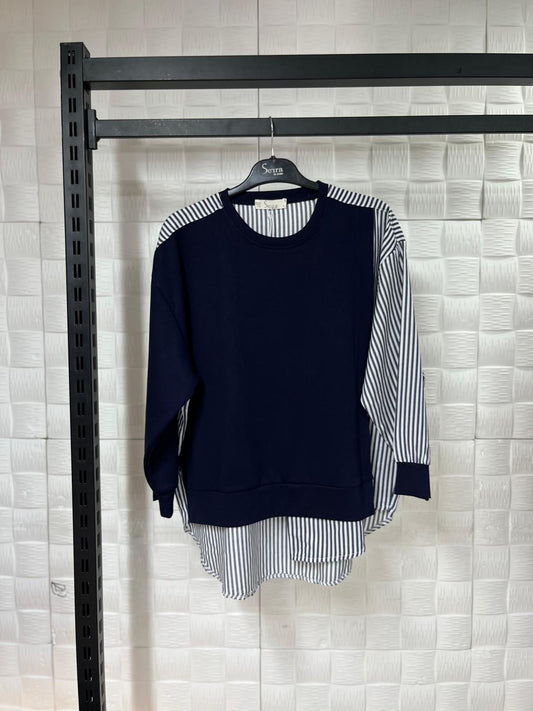 Çizgili Gömlek Detaylı Lacivert Sweatshirt