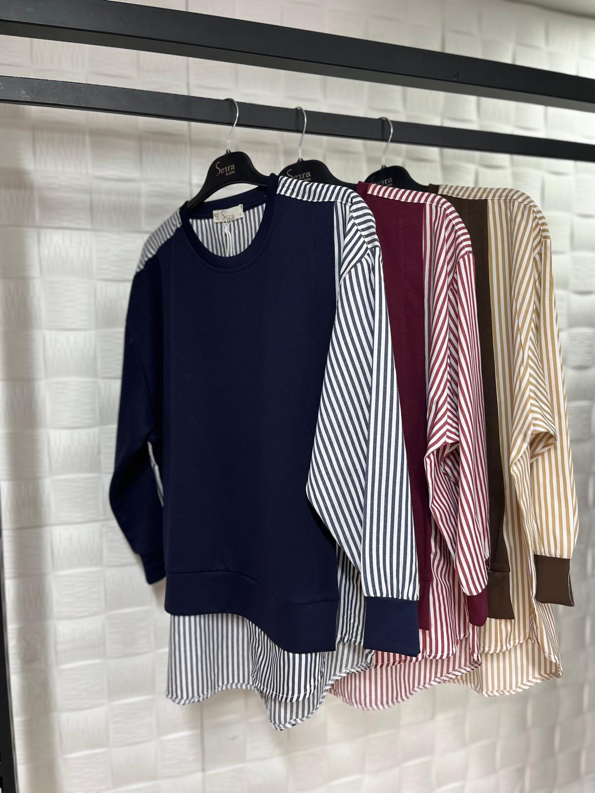 Çizgili Gömlek Detaylı Bordo Sweatshirt