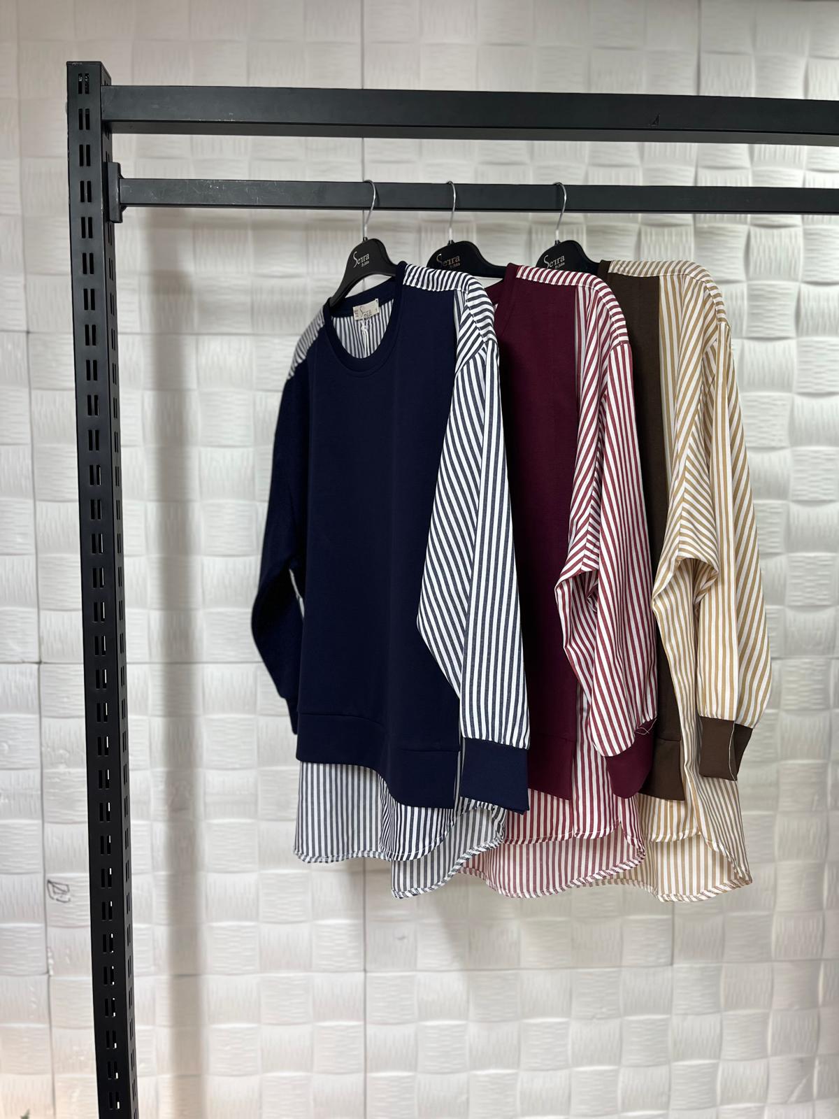Çizgili Gömlek Detaylı Bordo Sweatshirt